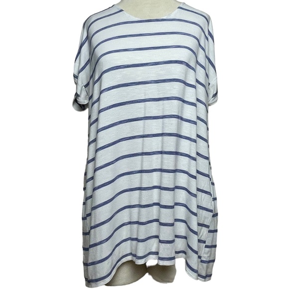 Chico's White/Blue Striped ¾ Sleeve Back Detail Knit Tunic 100% Cotton 1 US 4/6 - Picture 7 of 16